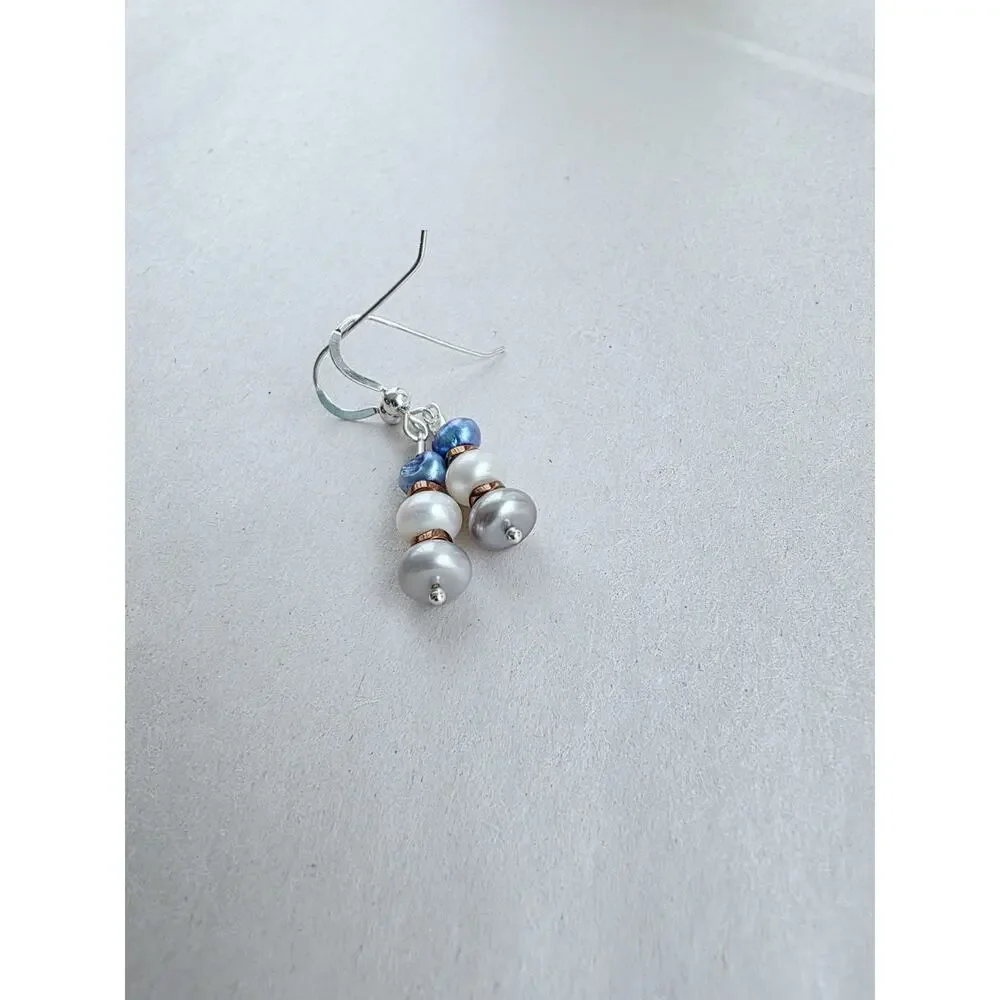 New Sterling Silver Dangle‎ Earrings White Silver Blue Genuine Pearl Stamped 925
